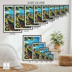 Size guide for Finger Lakes Print - Wine Region in various dimensions displayed in a home setting.
