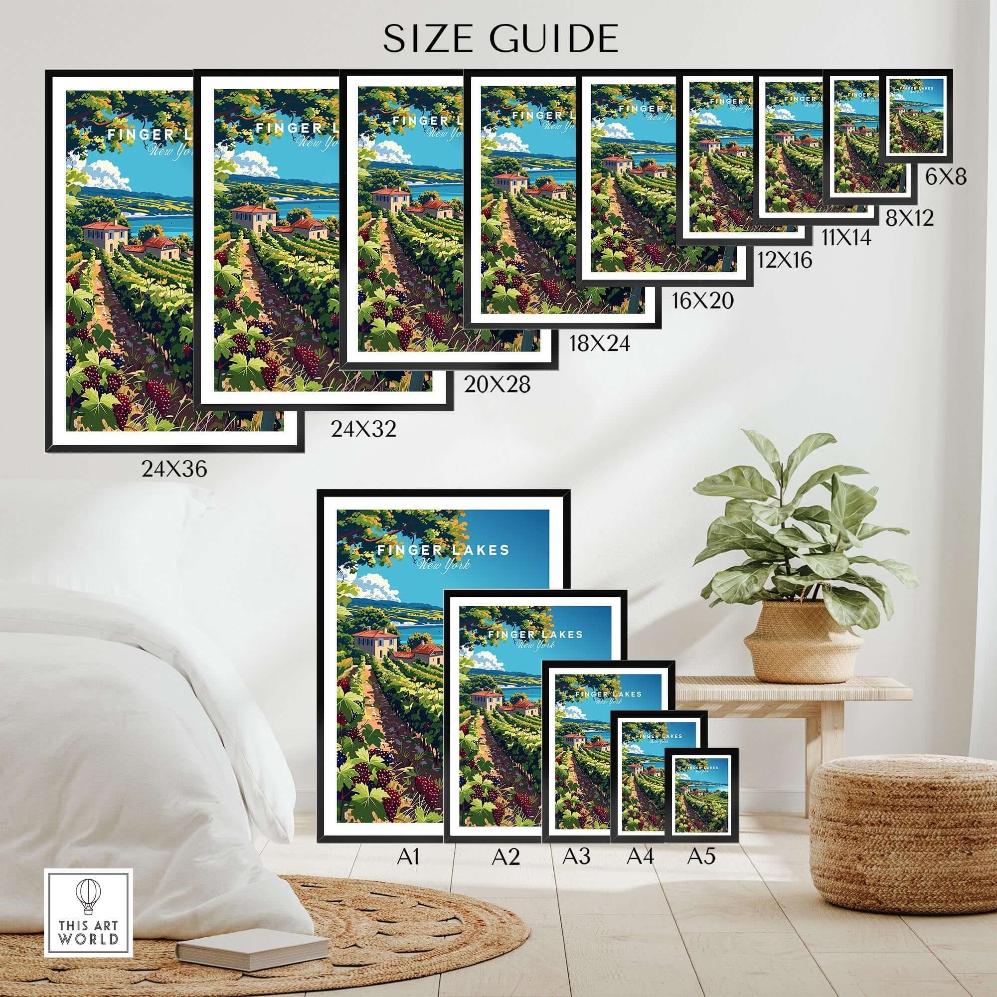 Size guide for Finger Lakes Print - Wine Region in various dimensions displayed in a home setting.