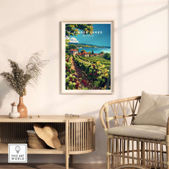 Finger Lakes Print - Wine Region displayed in a stylish living room setting with rustic decor.