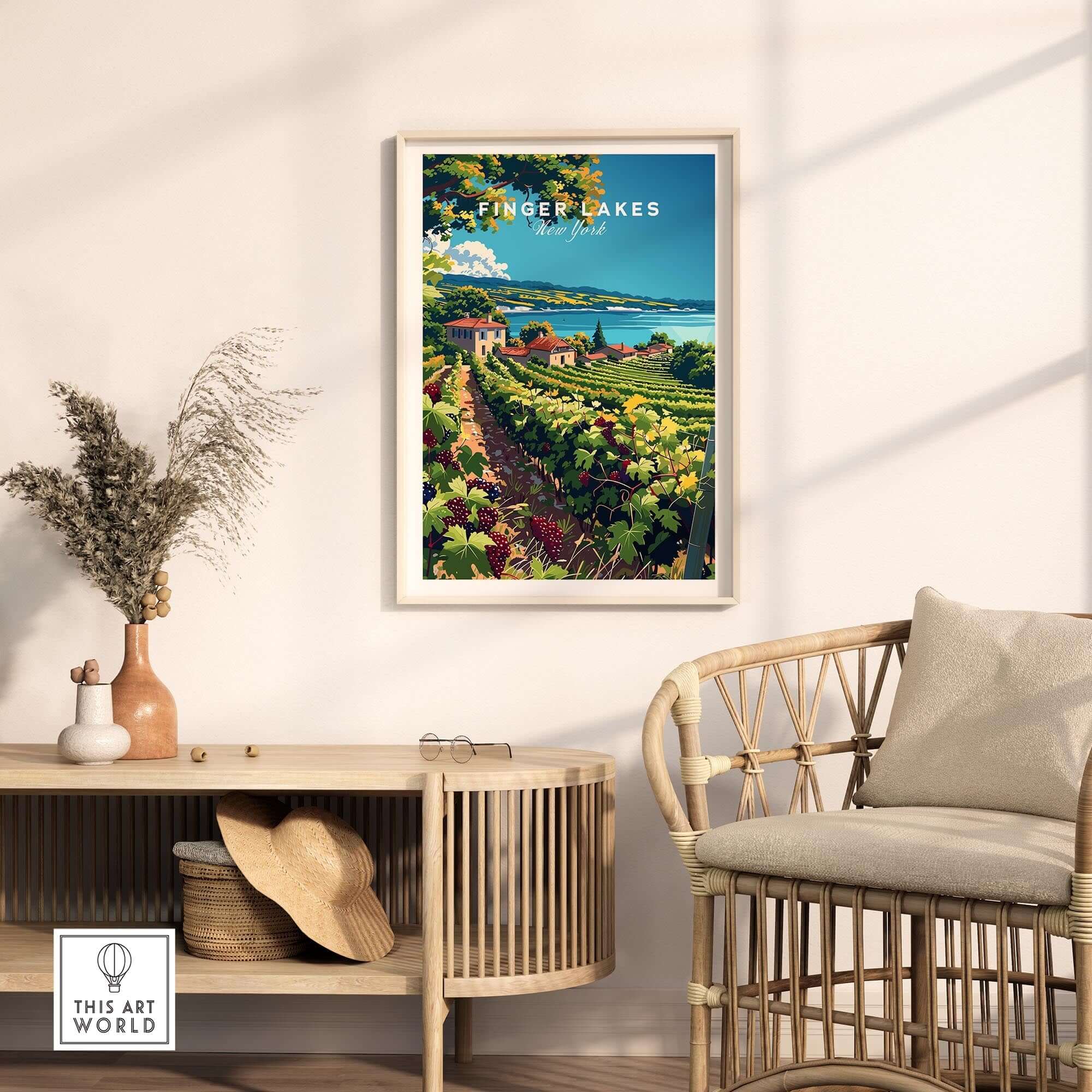 Finger Lakes Print - Wine Region displayed in a stylish living room setting with rustic decor.