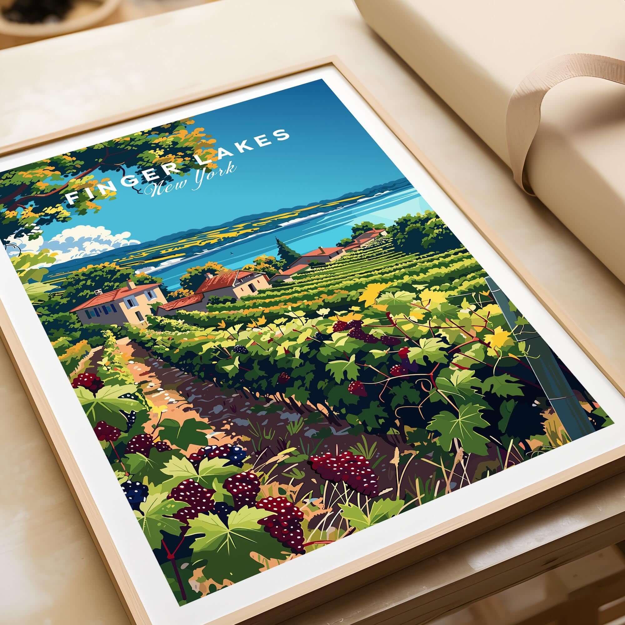 Finger Lakes Print - Wine Region showcasing picturesque vineyards and landscapes of New York, perfect for wine lovers' decor.