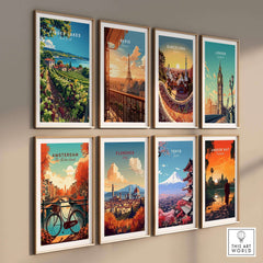 Finger Lakes Print - Wine Region artwork displayed among other city prints on a wall.
