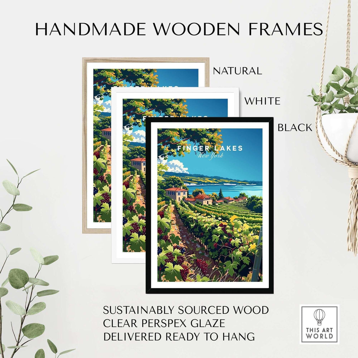 Finger Lakes Print - Wine Region showcased in handmade wooden frames, natural, white, and black options.