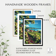 Finger Lakes Print - Wine Region showcased in handmade wooden frames, natural, white, and black options.