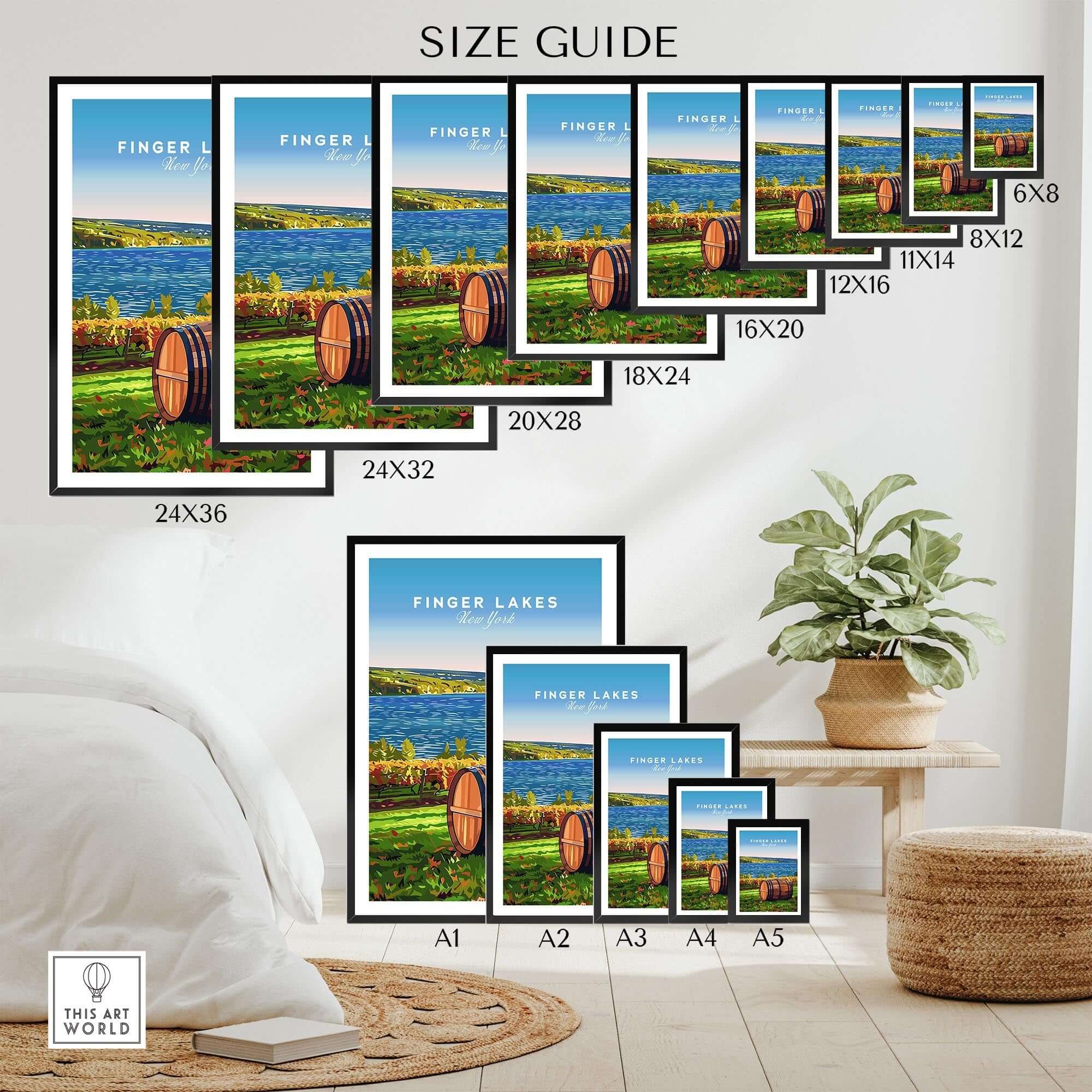 Finger Lakes Wall Art size guide showing different poster sizes for displaying Finger Lakes landscapes.