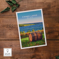 Finger Lakes Wall Art featuring a scenic view of the Finger Lakes region and a wooden barrel on a rustic table.