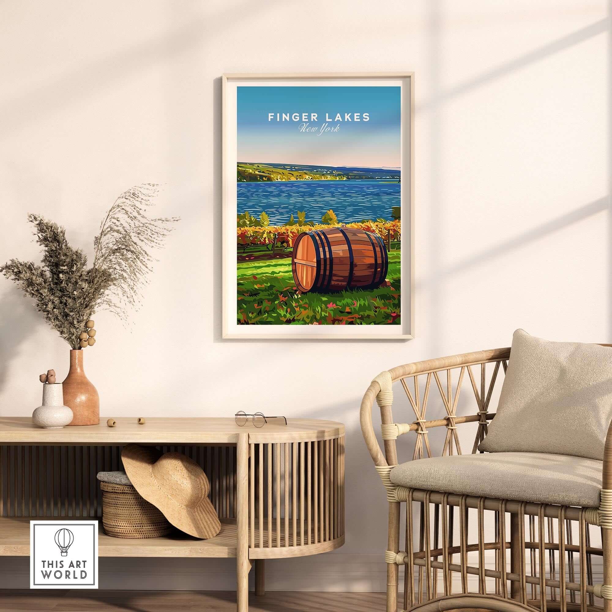 Finger Lakes Wall Art featuring a scenic view and rustic barrel in a stylish interior setting.