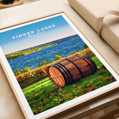 Finger Lakes Wall Art showcasing a vibrant New York landscape with a rustic barrel and serene waters.