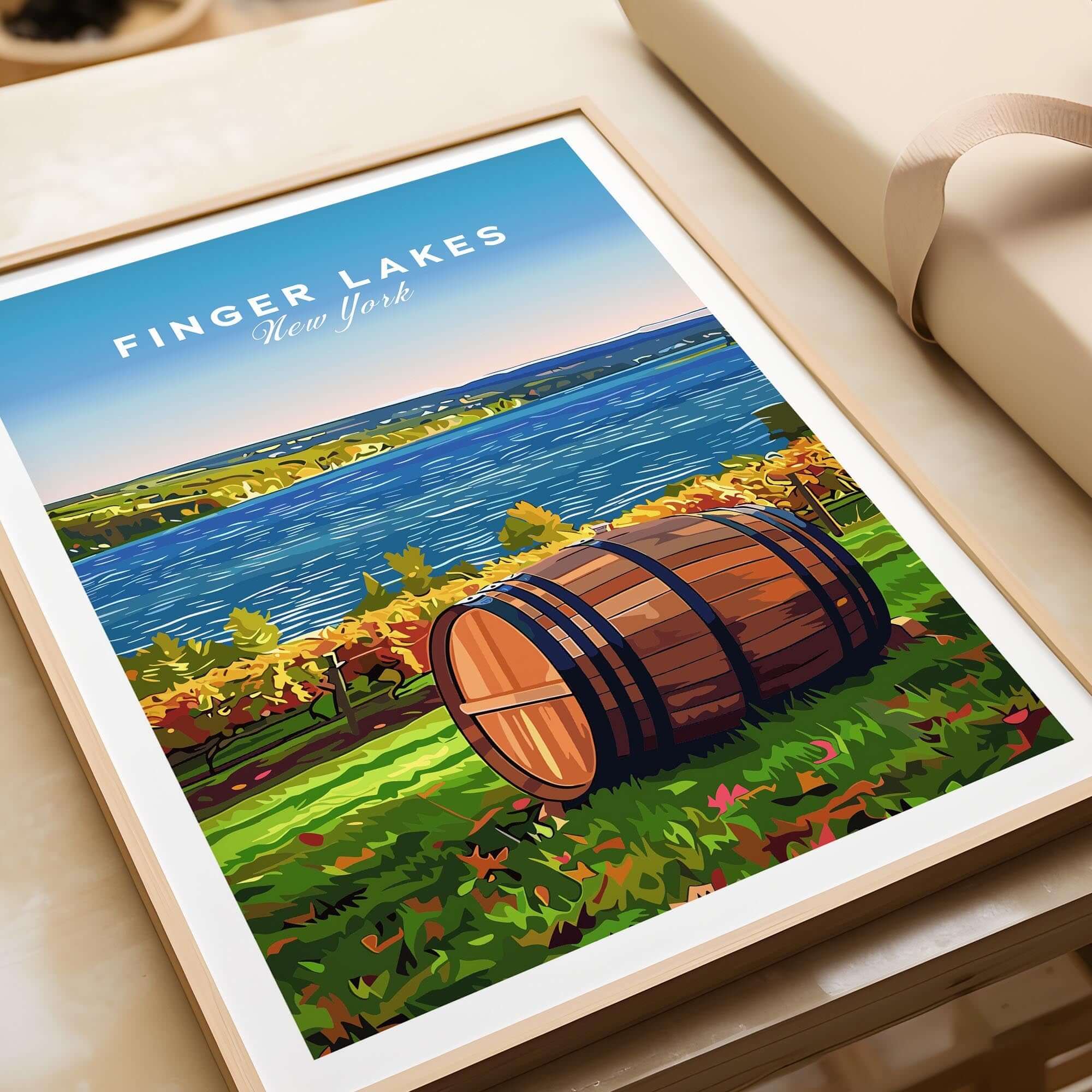 Finger Lakes Wall Art showcasing a vibrant New York landscape with a rustic barrel and serene waters.