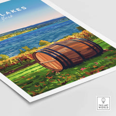 Finger Lakes Wall Art featuring a scenic vineyard landscape with a wooden barrel in New York's Finger Lakes region.