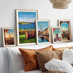 Finger Lakes Wall Art featuring serene landscapes and vibrant colors from New York State in a stylish room display.