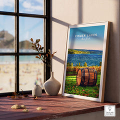 Finger Lakes Wall Art featuring a serene landscape and a barrel, perfect for home decor.