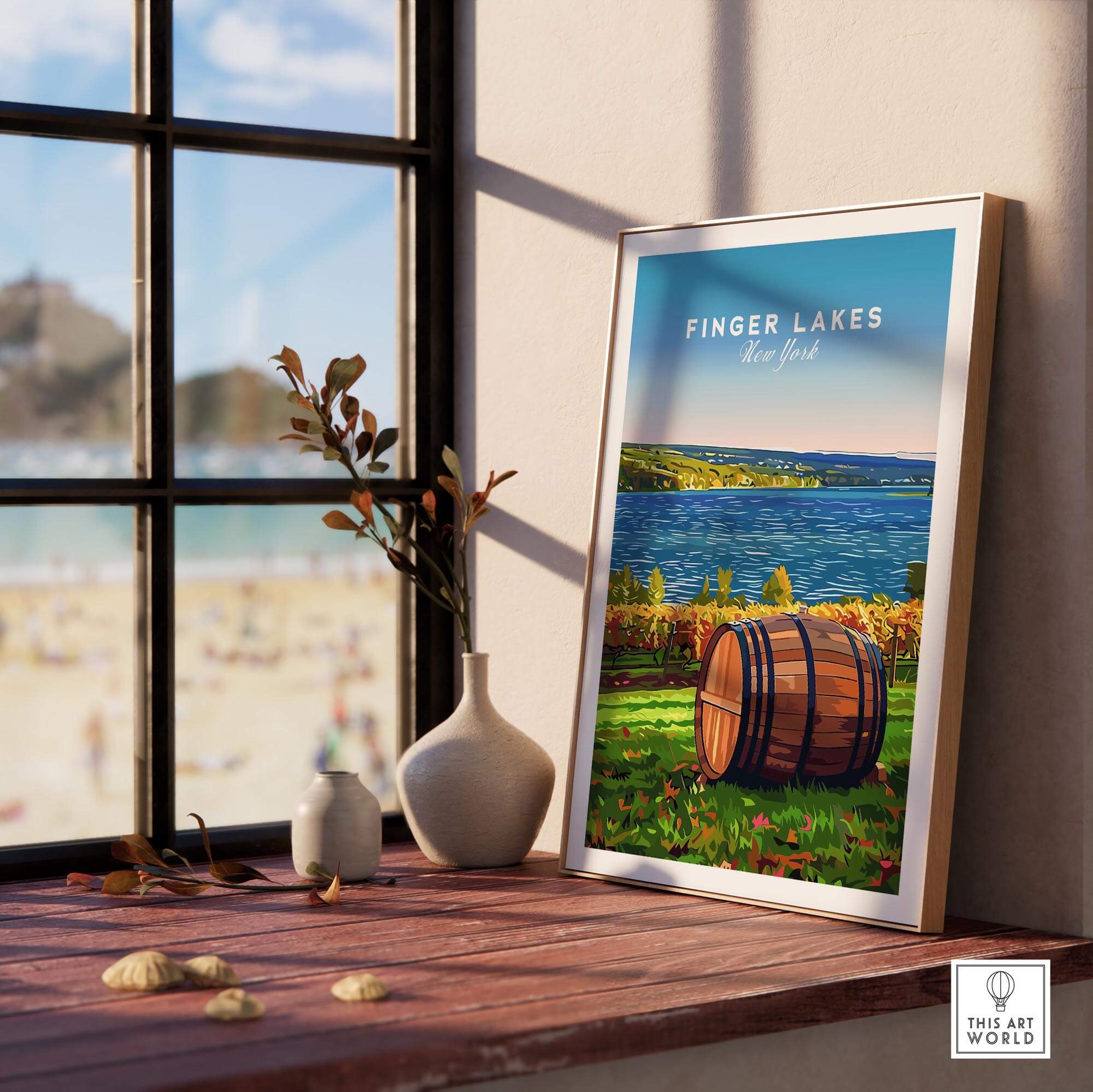 Finger Lakes Wall Art featuring a serene landscape and a barrel, perfect for home decor.