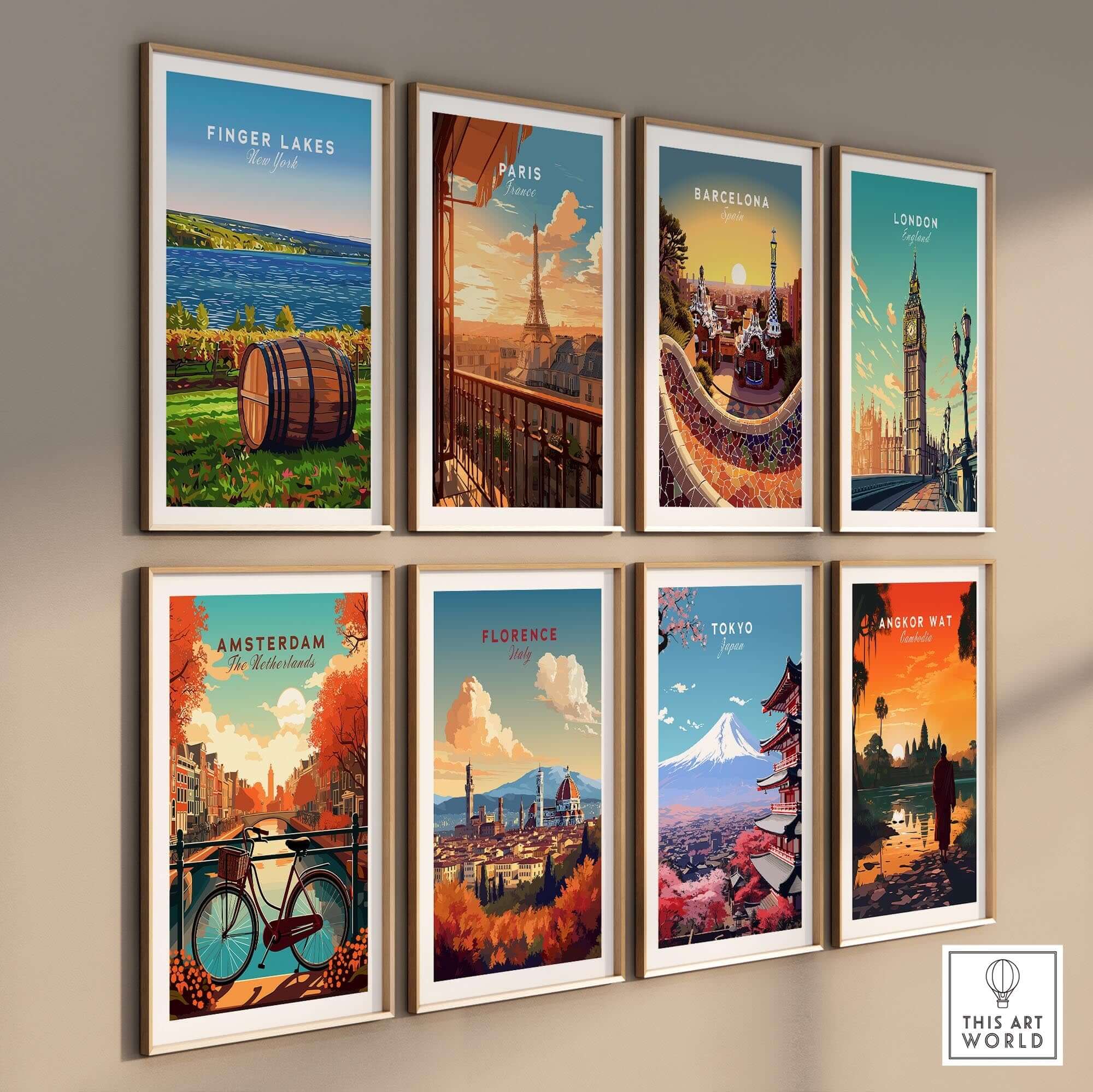 Finger Lakes Wall Art featuring serene landscapes in vibrant colors alongside international city posters.