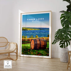 Finger Lakes Wall Art showcasing a scenic lake view and a barrel in a decorated space.