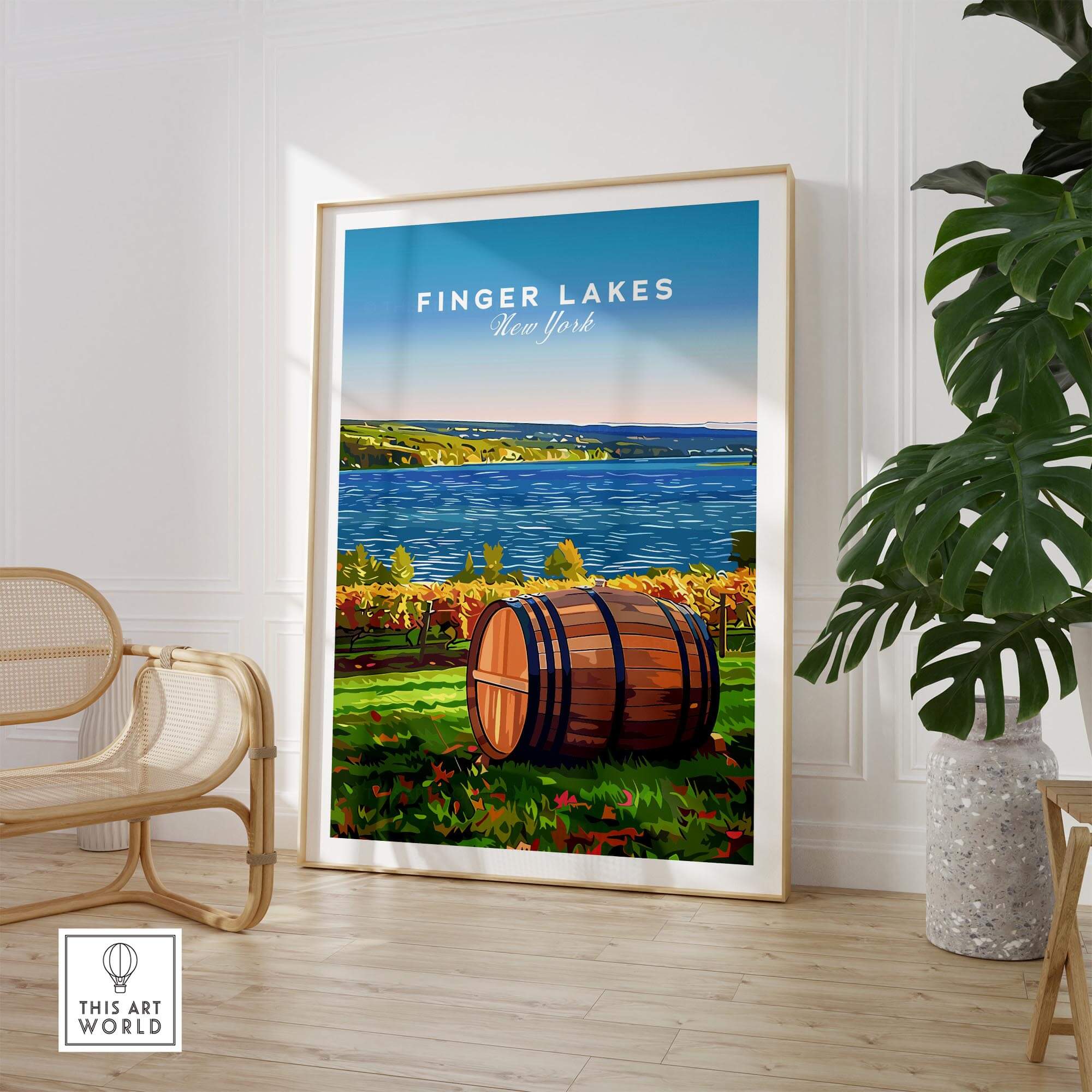 Finger Lakes Wall Art showcasing a scenic lake view and a barrel in a decorated space.