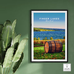 Finger Lakes Wall Art featuring vibrant landscapes and a wine barrel in New York State.