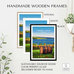 Finger Lakes Wall Art framed in handmade wooden frames in natural, white, and black colors.