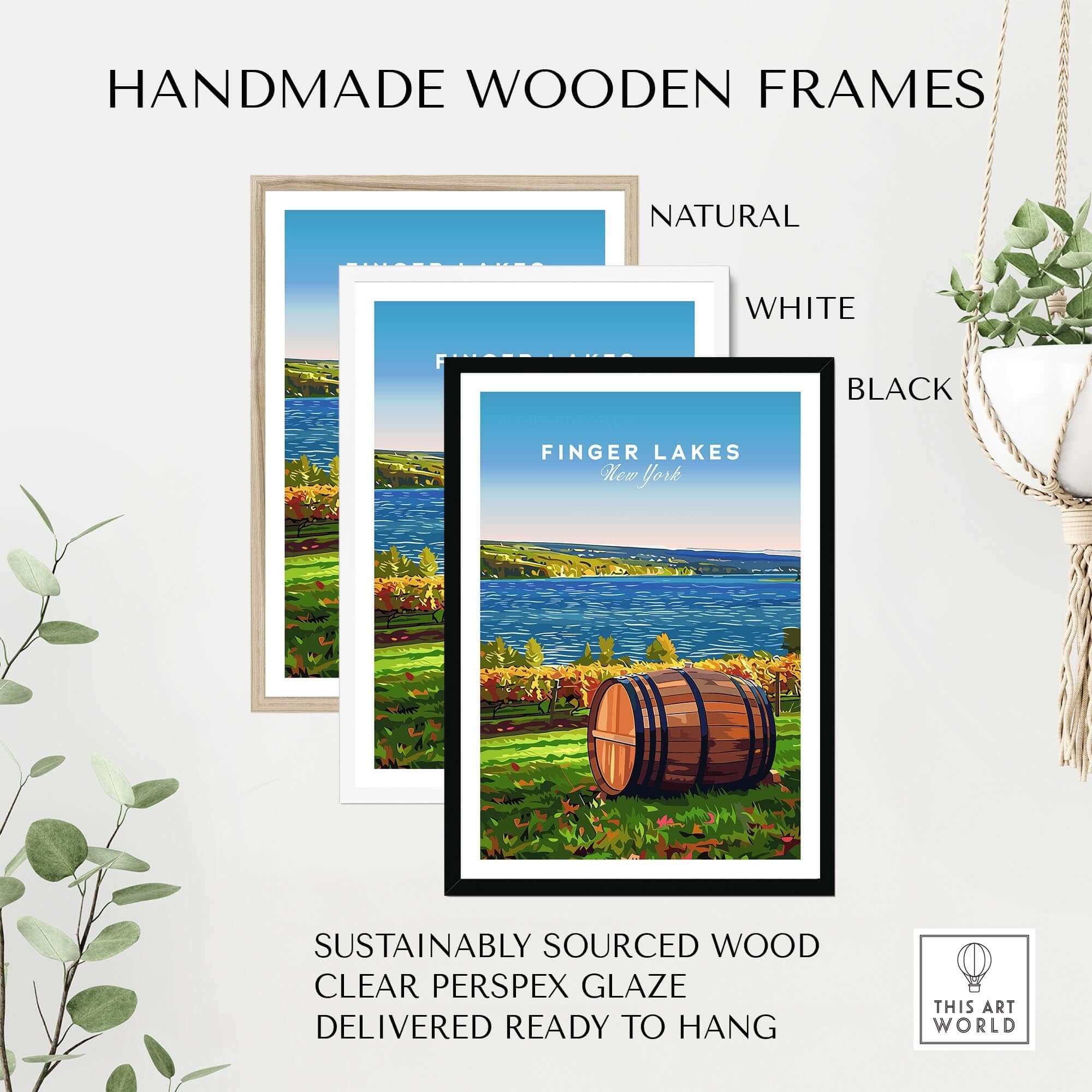 Finger Lakes Wall Art framed in handmade wooden frames in natural, white, and black colors.