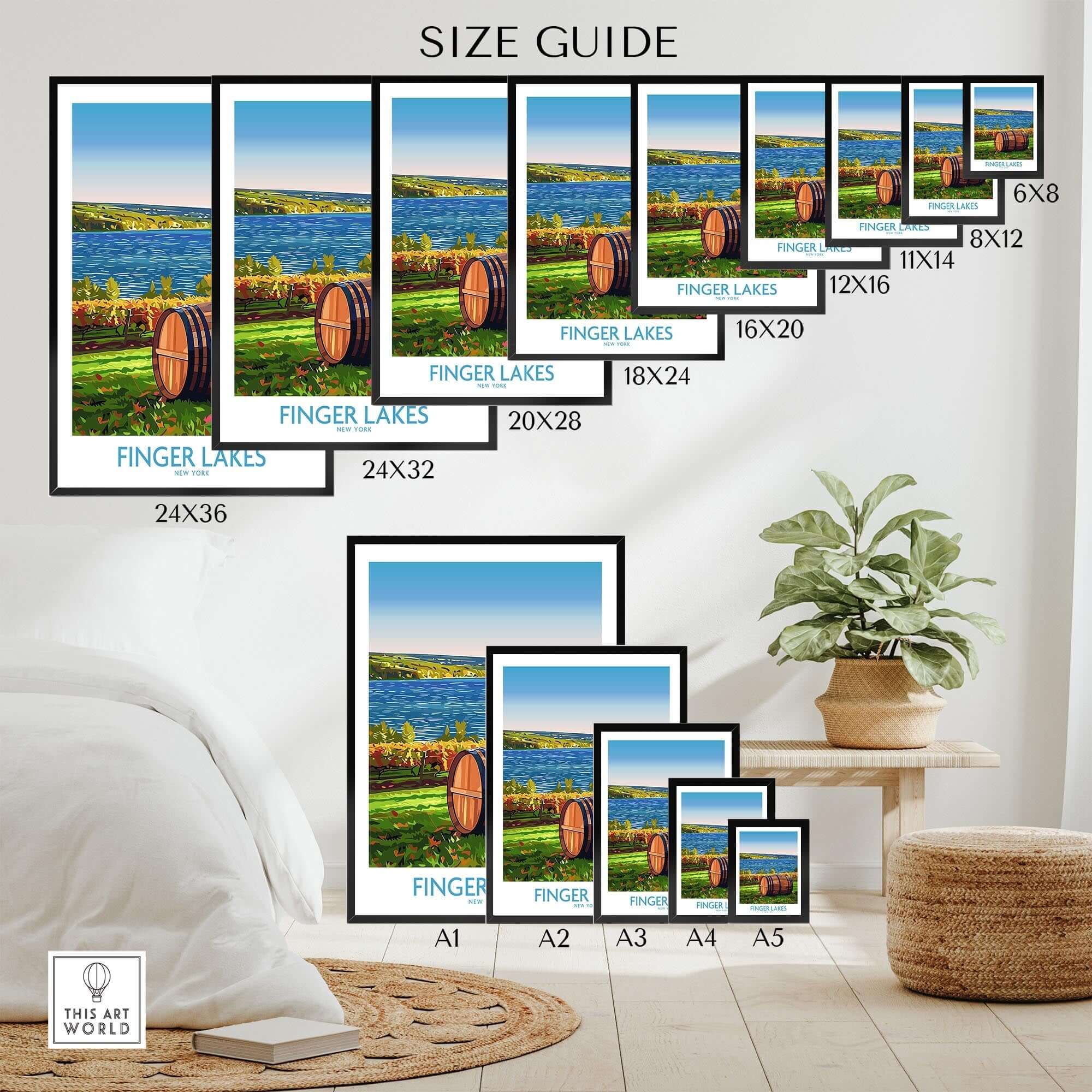 Finger Lakes Wall Art Print size guide showing various frame sizes and options for wall decoration.
