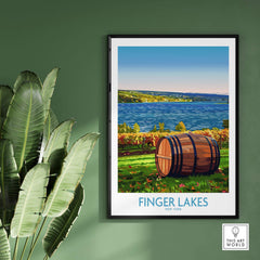 Finger Lakes Wall Art Print featuring a scenic view of vineyards and a barrel, perfect for wine lovers.