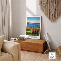 Finger Lakes Wall Art Print displayed elegantly in a cozy room setting with a wooden box and natural decor.