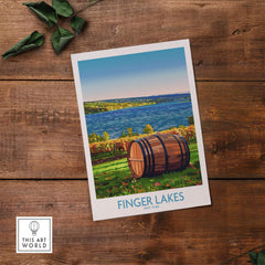 Finger Lakes Wall Art Print featuring a scenic view with a wine barrel, perfect for enthusiasts of nature and travel.