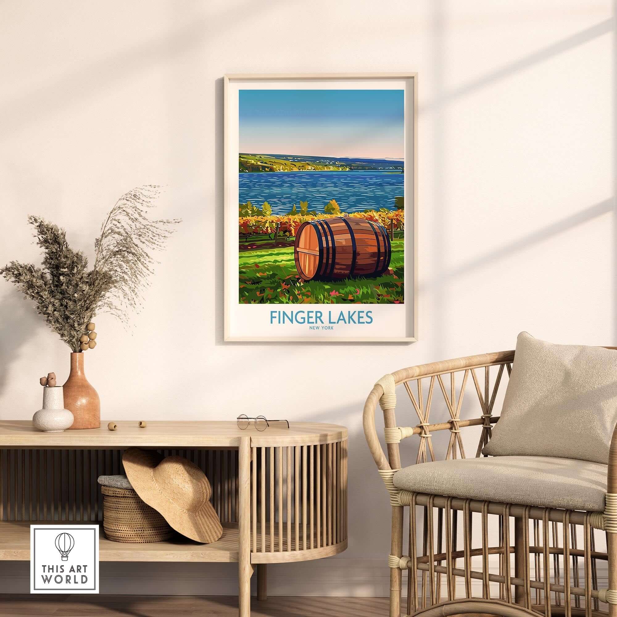 Finger Lakes Wall Art Print featuring a scenic view of the region with a barrel in a stylish room setting.