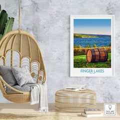 Finger Lakes Wall Art Print showcasing a scenic view of the Finger Lakes wine region with a barrel near the lake.