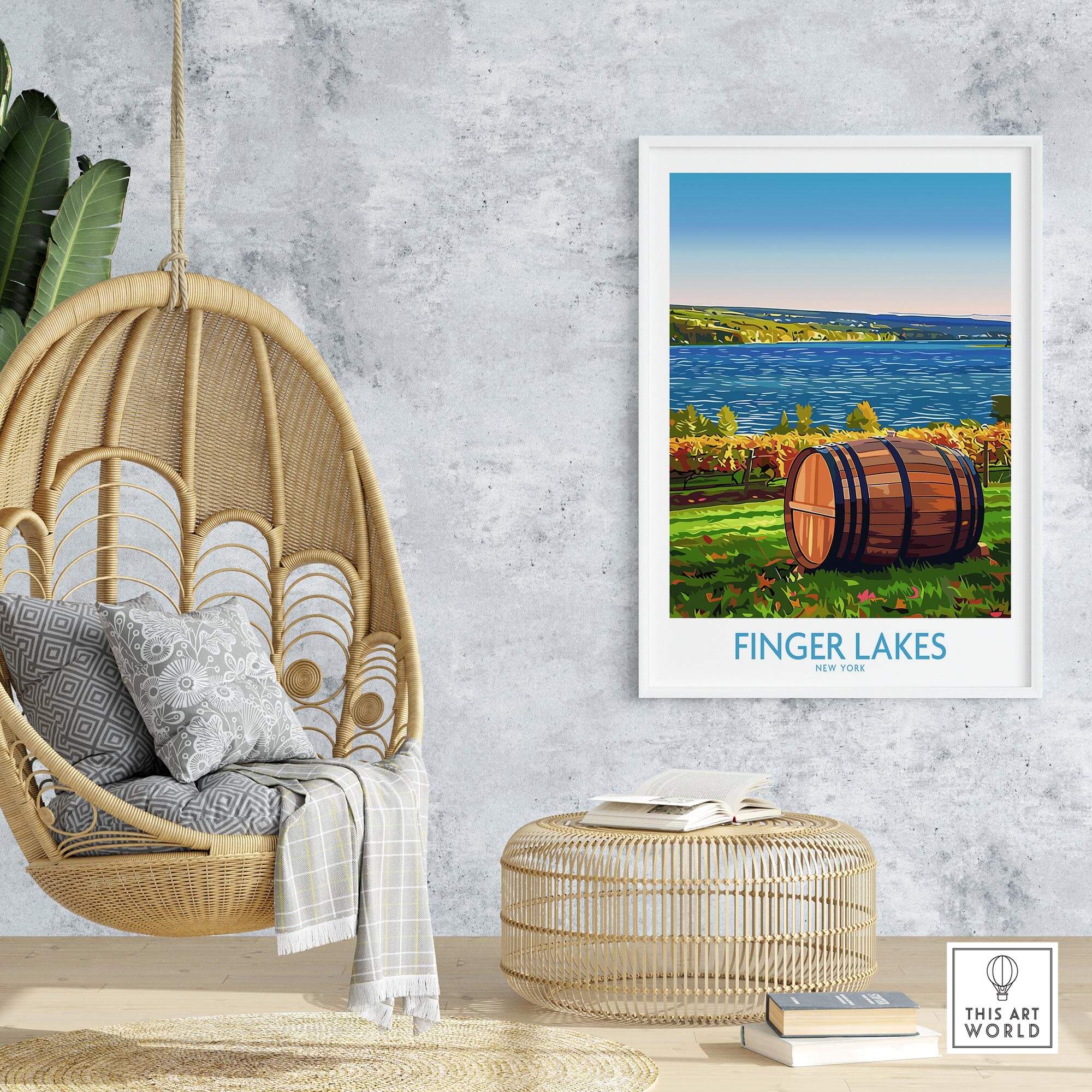 Finger Lakes Wall Art Print showcasing a scenic view of the Finger Lakes wine region with a barrel near the lake.