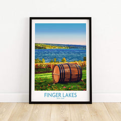 Finger Lakes Wall Art Print featuring a scenic view with a wine barrel and beautiful landscape.