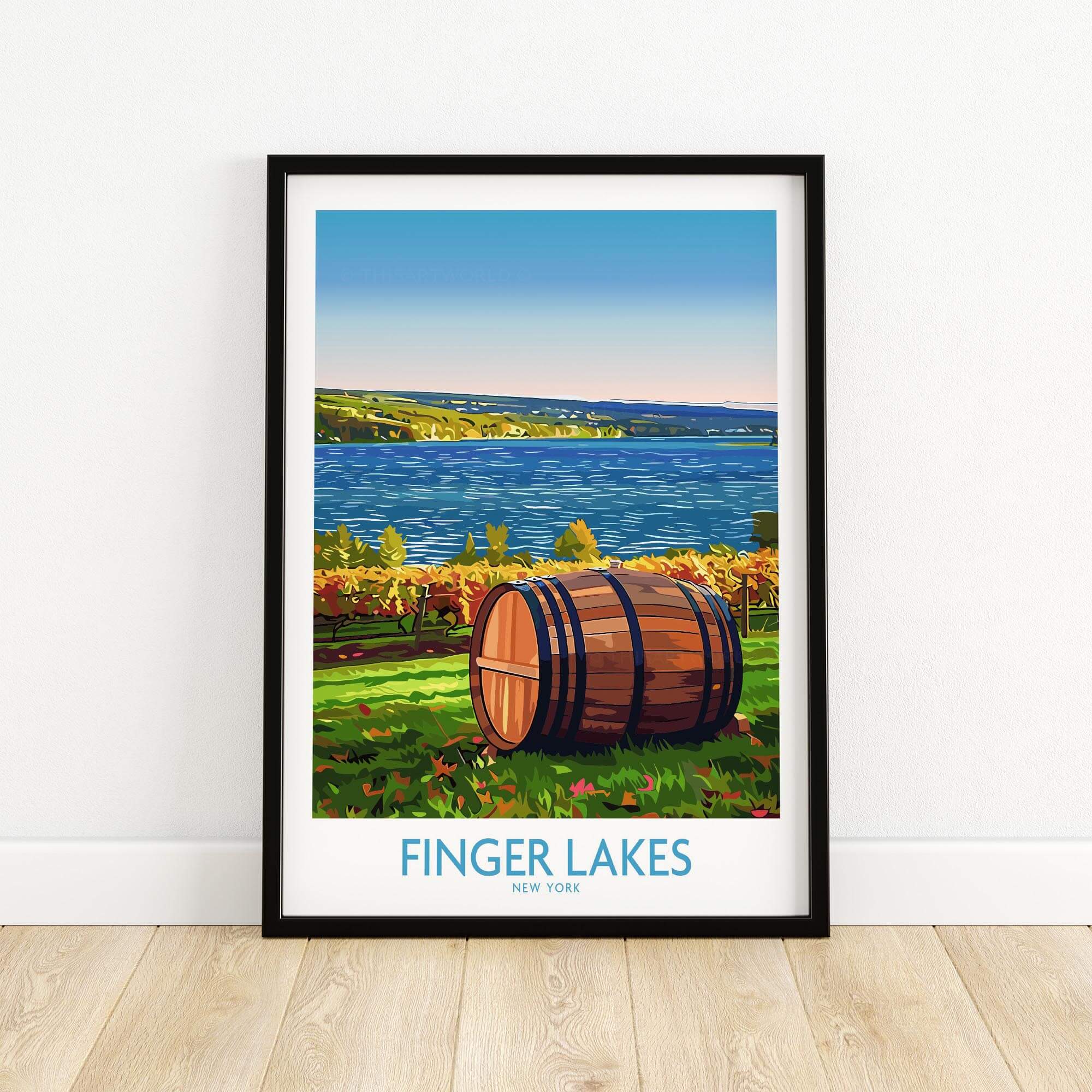 Finger Lakes Wall Art Print featuring a scenic view with a wine barrel and beautiful landscape.