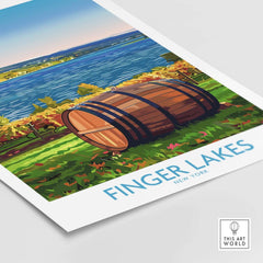 Finger Lakes Wall Art Print featuring a vineyard and barrel in New York's scenic wine country.