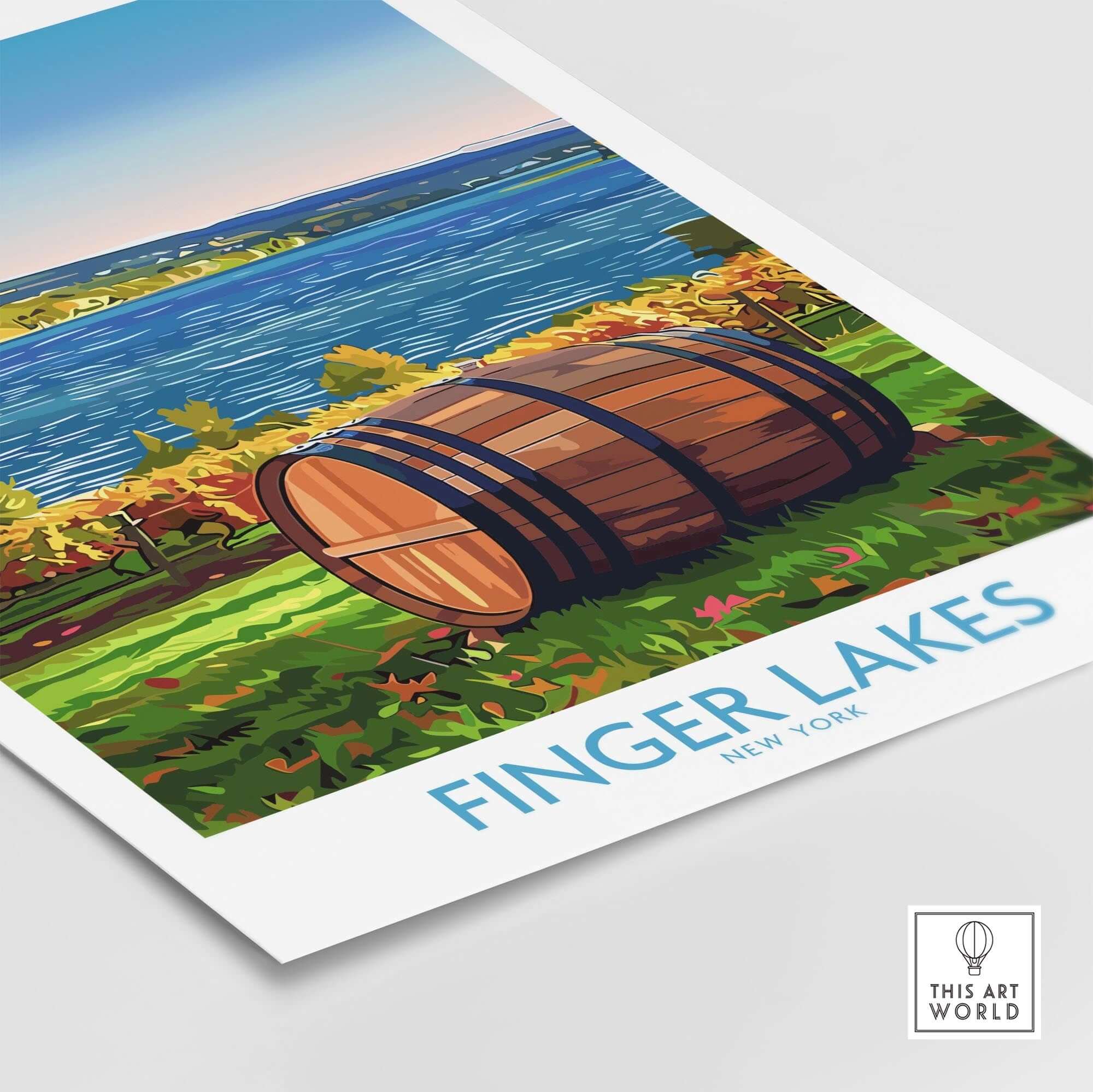 Finger Lakes Wall Art Print featuring a vineyard and barrel in New York's scenic wine country.