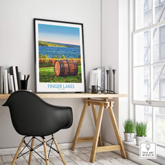 Finger Lakes Wall Art Print displayed in a modern room with a stylish black chair and wooden desk.