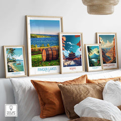 Finger Lakes Wall Art Print displayed among other travel-themed artwork in a cozy interior setting.