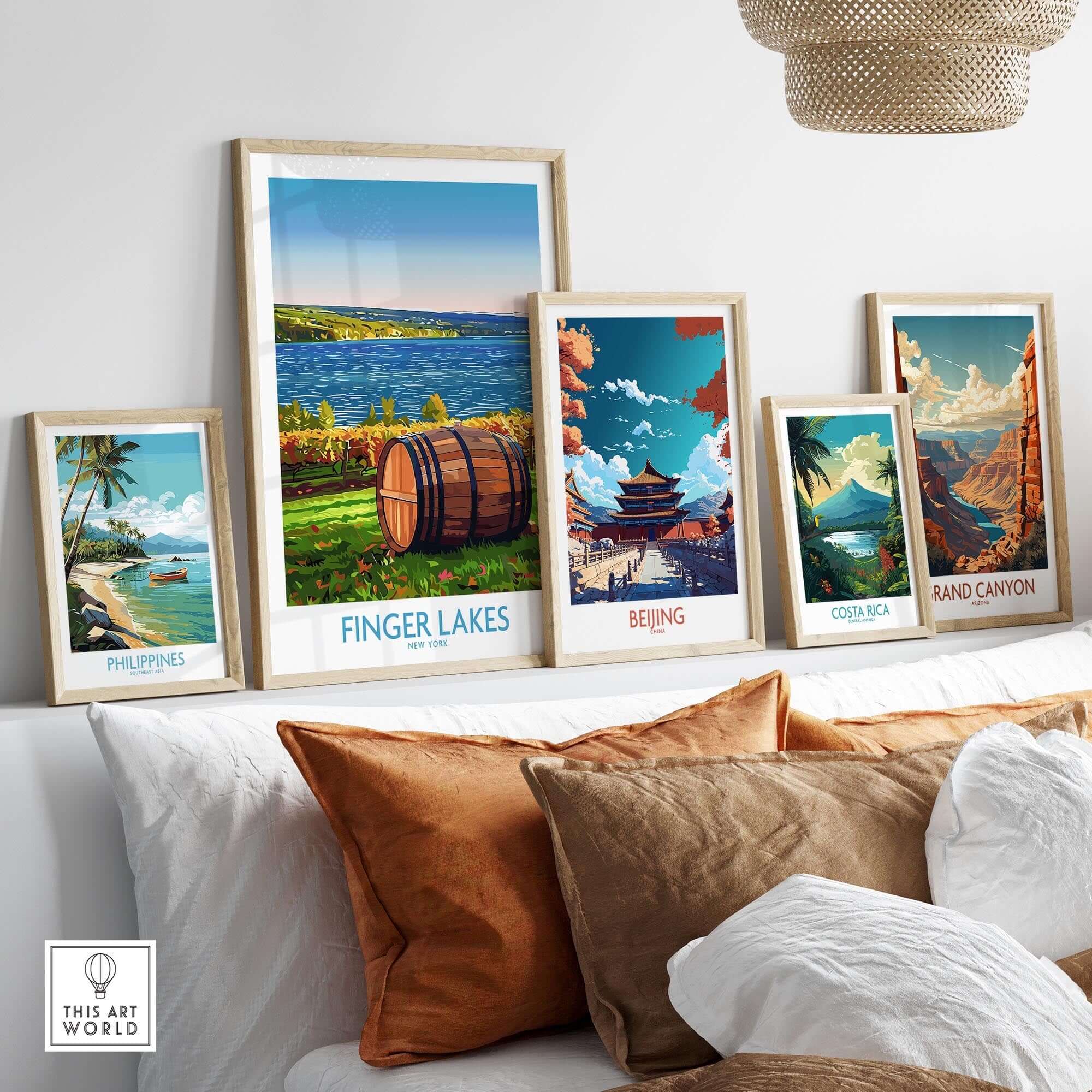 Finger Lakes Wall Art Print displayed among other travel-themed artwork in a cozy interior setting.