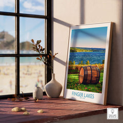 Finger Lakes Wall Art Print showcasing the scenic beauty of the Finger Lakes wine region with a barrel and lake view.