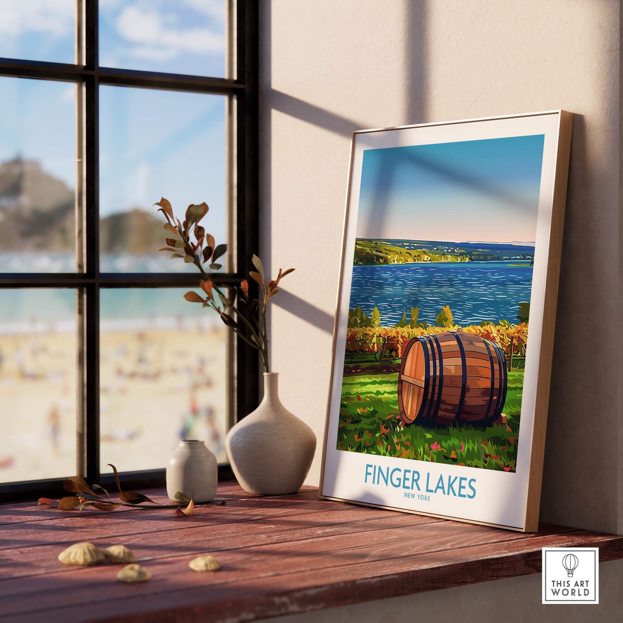Finger Lakes Wall Art Print showcasing the scenic beauty of the Finger Lakes wine region with a barrel and lake view.