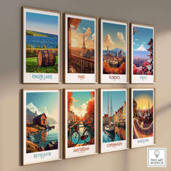 Finger Lakes Wall Art Print and vintage travel prints on display in a stylish gallery wall arrangement.