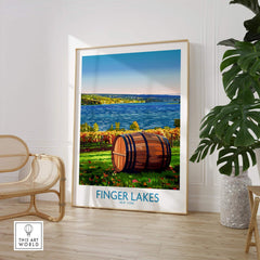 Finger Lakes Wall Art Print featuring a wine barrel and scenic lake view in a stylish room.