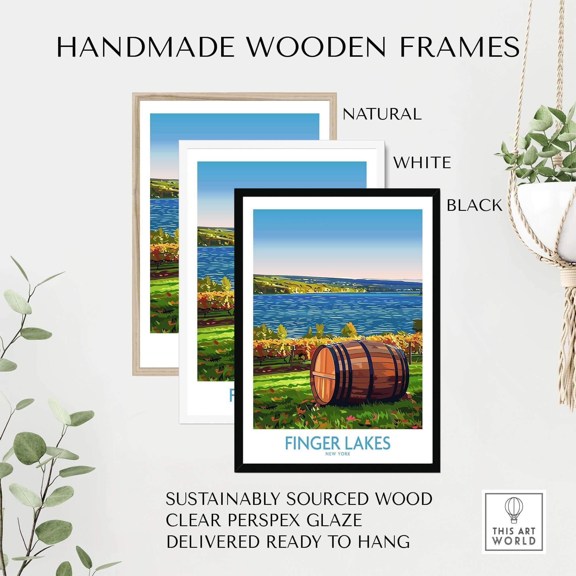 Finger Lakes Wall Art Print showcased in handmade wooden frames in natural, white, and black finishes.