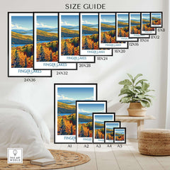 Finger Lakes Wall Art Print - New York size guide showing various frame sizes for the landscape print.