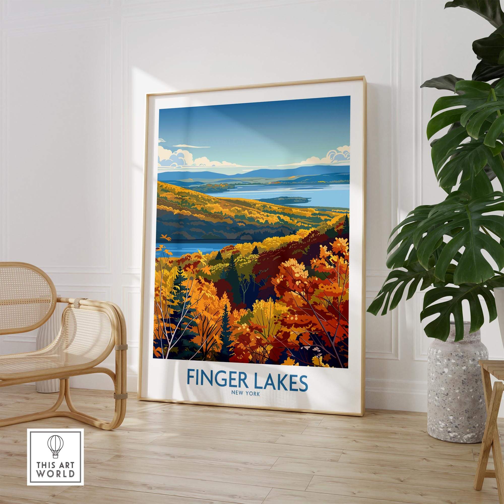 Finger Lakes Wall Art Print - New York featuring a vibrant landscape with autumn colors in a modern interior setting.