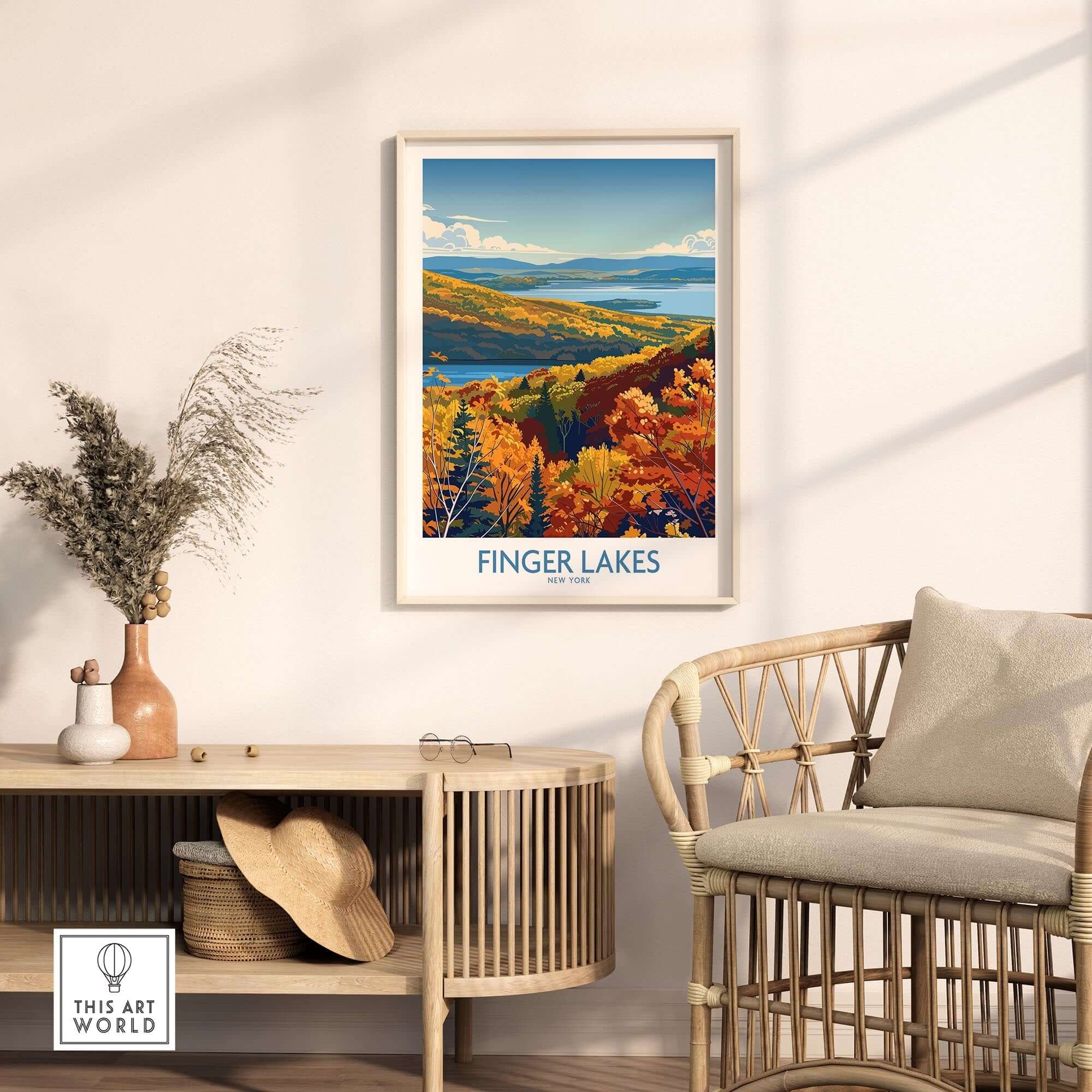 Finger Lakes Wall Art Print - New York displayed in an elegant room with autumn foliage and lake views.