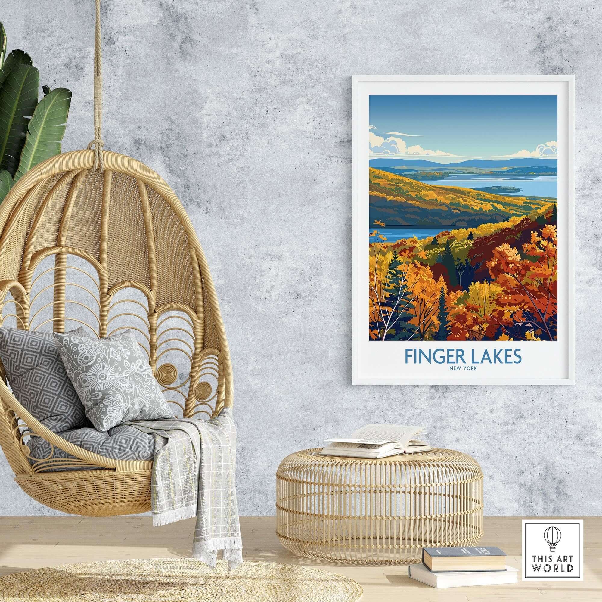 Finger Lakes Wall Art Print - New York displayed in a stylish room, featuring vibrant fall colors and scenic landscape.