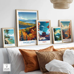 Finger Lakes Wall Art Print - New York displayed with other travel prints on a stylish shelf.