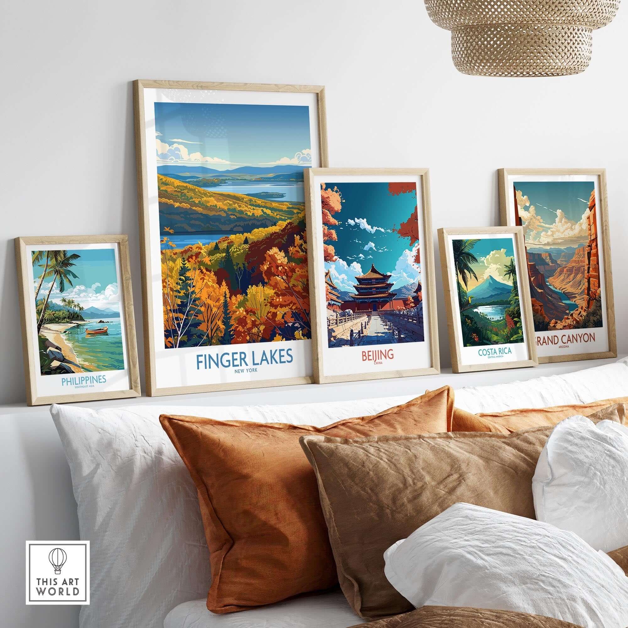 Finger Lakes Wall Art Print - New York displayed with other travel prints on a stylish shelf.