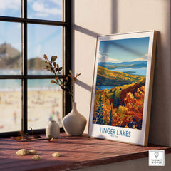 Finger Lakes Wall Art Print - New York displayed on a windowsill, showcasing colorful landscape and natural beauty.