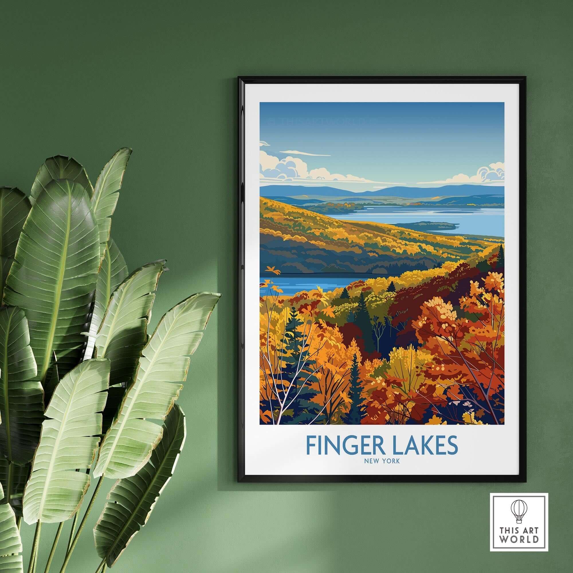 Finger Lakes Wall Art Print - New York showcasing vibrant autumn scenery in a stylish frame on a green wall.